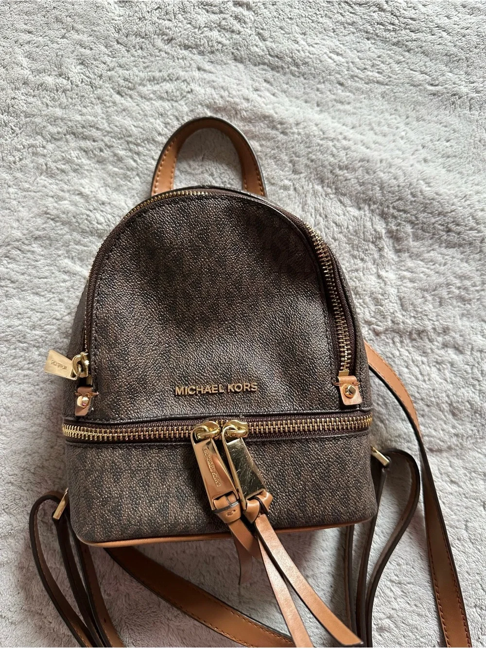 MICHAEL KORS Brown Logo-Print Mini Backpack with Gold Hardware